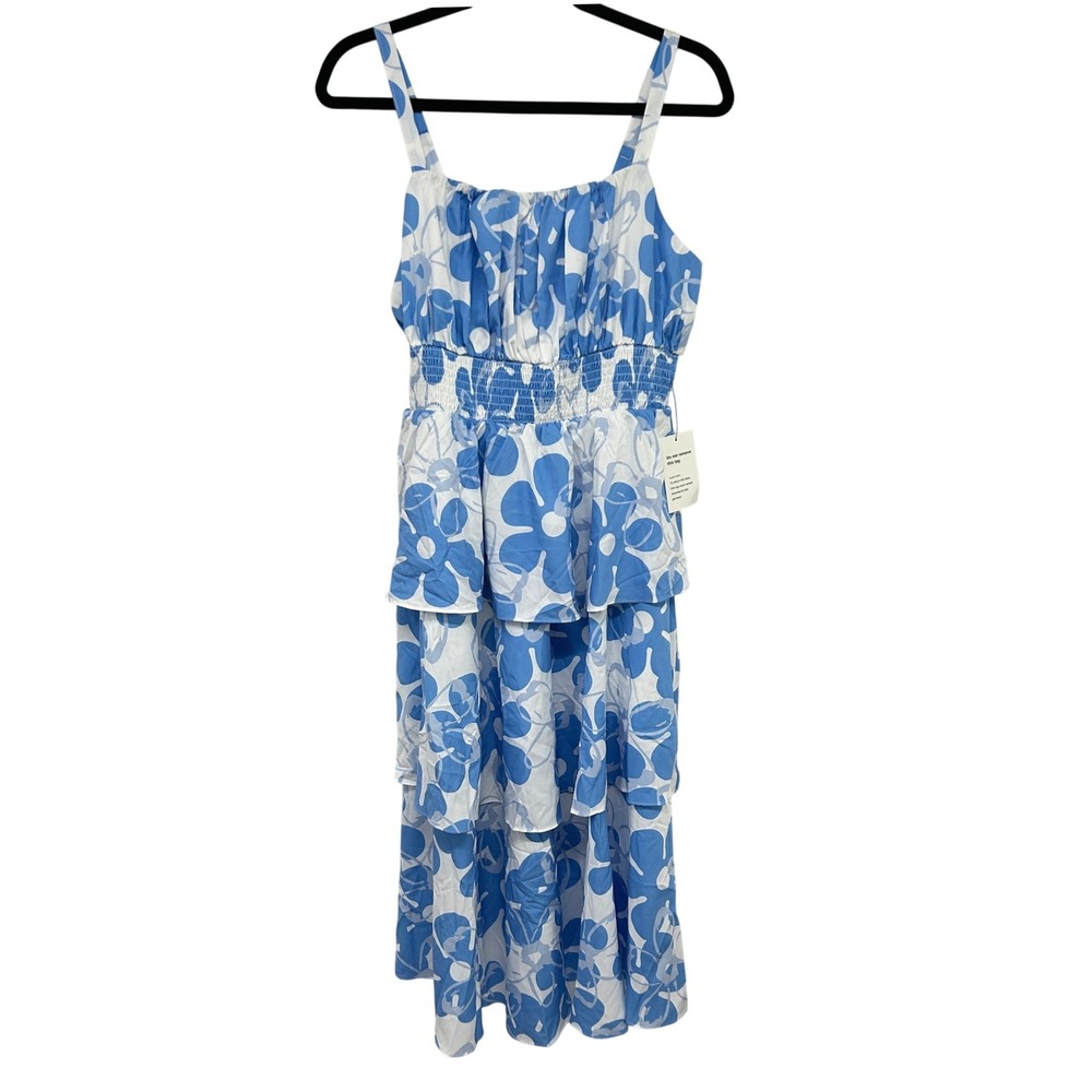 Coastal Smocked Midi Dress Blue White Tiered Resort Euro Summer Cottage Beach